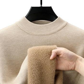 Ανδρικό πλεκτό πουλόβερ από μαλλί, 78% μαλλί, φλις επένδυση, ζακάρντ πλέξη, λαιμός μισο-υψηλός, χαλαρή εφαρμογή