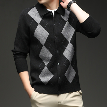 Мъжки корейски стил плетено кардиган с вълнен бленд, диамантен модел, поло яка, слим фит, дълги ръкави