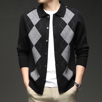 Мъжки корейски стил плетено кардиган с вълнен бленд, диамантен модел, поло яка, слим фит, дълги ръкави
