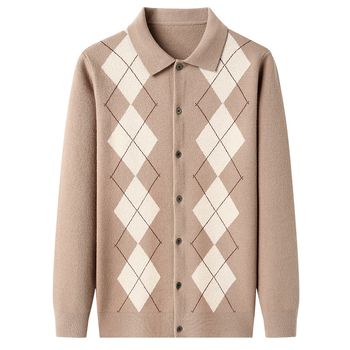 Мъжки корейски стил плетено кардиган с вълнен бленд, диамантен модел, поло яка, слим фит, дълги ръкави