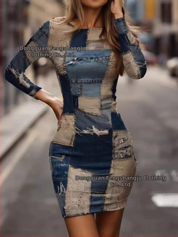 Φόρεμα patchwork από πολυεστέρα, Butt-Wrap στυλ, κοντό μοντέλο, στρογγυλή λαιμόκοψη, μακριά μανίκια, Φθινόπωρο 2025
