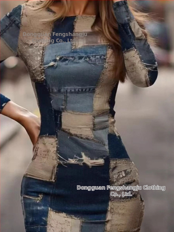 Φόρεμα patchwork από πολυεστέρα, Butt-Wrap στυλ, κοντό μοντέλο, στρογγυλή λαιμόκοψη, μακριά μανίκια, Φθινόπωρο 2025