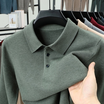 Muški pleteni polo džemper, debeli pleteni, imitacija ovčje vune, ovratnik s preklopom, uski kroj, kabelski pletenje