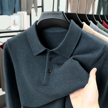 Мъжки плетен поло пуловер, имитация на агнешка вълна, Turn-Down яка, тесен силует, кабелно плетиво, акрил 51%