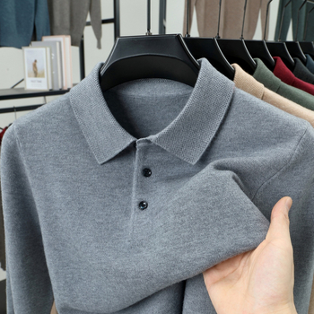 Мъжки плетен поло пуловер, имитация на агнешка вълна, Turn-Down яка, тесен силует, кабелно плетиво, акрил 51%