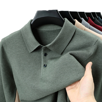 Мъжки плетен поло пуловер, имитация на агнешка вълна, Turn-Down яка, тесен силует, кабелно плетиво, акрил 51%