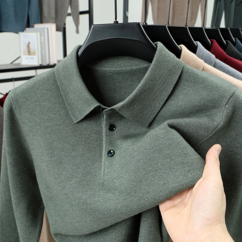 Muški pleteni polo džemper, debeli pleteni, imitacija ovčje vune, ovratnik s preklopom, uski kroj, kabelski pletenje