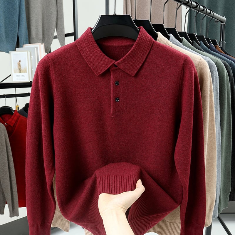 Muški pleteni polo džemper, debeli pleteni, imitacija ovčje vune, ovratnik s preklopom, uski kroj, kabelski pletenje