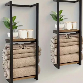 Επιτοίχιο ράφι-κρεμάστρα πετσετών μπάνιου, από σίδηρο και 304 ανοξείδωτο χάλυβα, δύο επιπέδων, μοντέρνο μινιμαλιστικό στυλ, φορτίο 50 kg