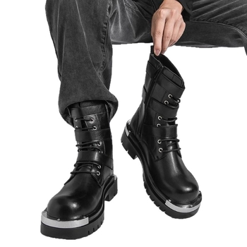 Ανδρικά κοντά μποτάκια από πατενταρισμένο δέρμα, παχιά σόλα για αύξηση ύψους, μπροστινά κορδόνια, τετράγωνη μύτη, εθνοτικό στυλ