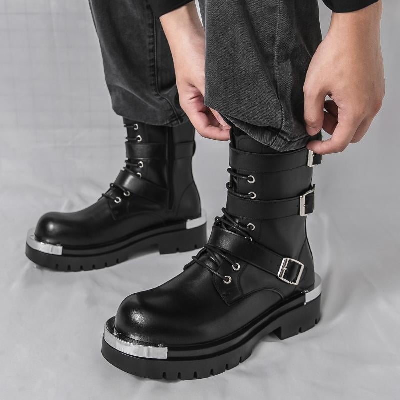 Ανδρικά κοντά μποτάκια από πατενταρισμένο δέρμα, παχιά σόλα για αύξηση ύψους, μπροστινά κορδόνια, τετράγωνη μύτη, εθνοτικό στυλ