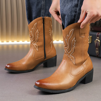 Δερμάτινα μποτάκια Knight με μεσαίο ύψος, εθνοτικό στυλ, πλαϊνό φερμουάρ, PU επάνω, καουτσούκ σόλα, αδιάβροχα