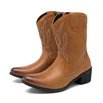 Δερμάτινα μποτάκια Knight με μεσαίο ύψος, εθνοτικό στυλ, πλαϊνό φερμουάρ, PU επάνω, καουτσούκ σόλα, αδιάβροχα