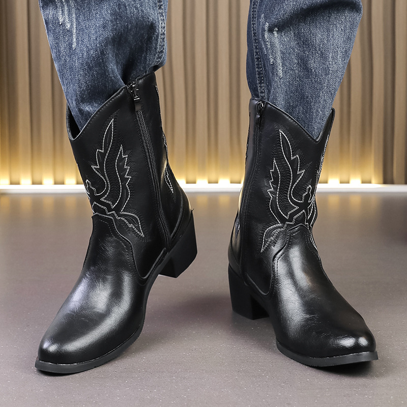 Cizme Knight din piele, stil etnic, fermoar lateral, PU partea superioară, talpa din cauciuc, impermeabile