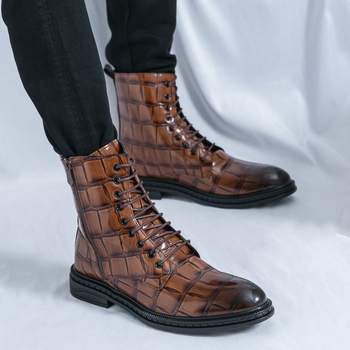 Ανδρικά Υψηλοκάβαλα Δερμάτινα Μποτάκια με PU Άνω Μέρος, Καουτσούκ Σόλα, Μυτερό Άκρο, Με Κορδόνια