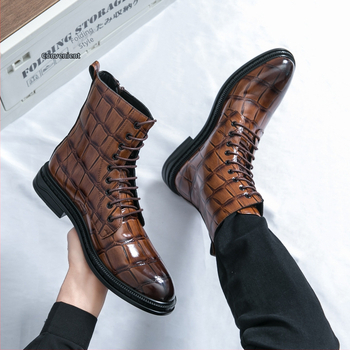Ανδρικά Υψηλοκάβαλα Δερμάτινα Μποτάκια με PU Άνω Μέρος, Καουτσούκ Σόλα, Μυτερό Άκρο, Με Κορδόνια