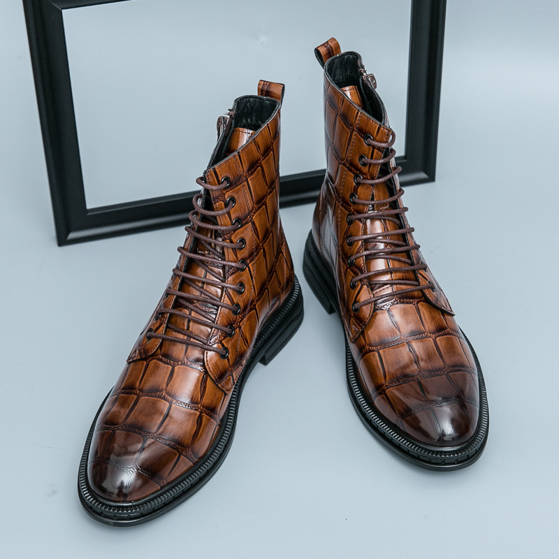 Ανδρικά Υψηλοκάβαλα Δερμάτινα Μποτάκια με PU Άνω Μέρος, Καουτσούκ Σόλα, Μυτερό Άκρο, Με Κορδόνια