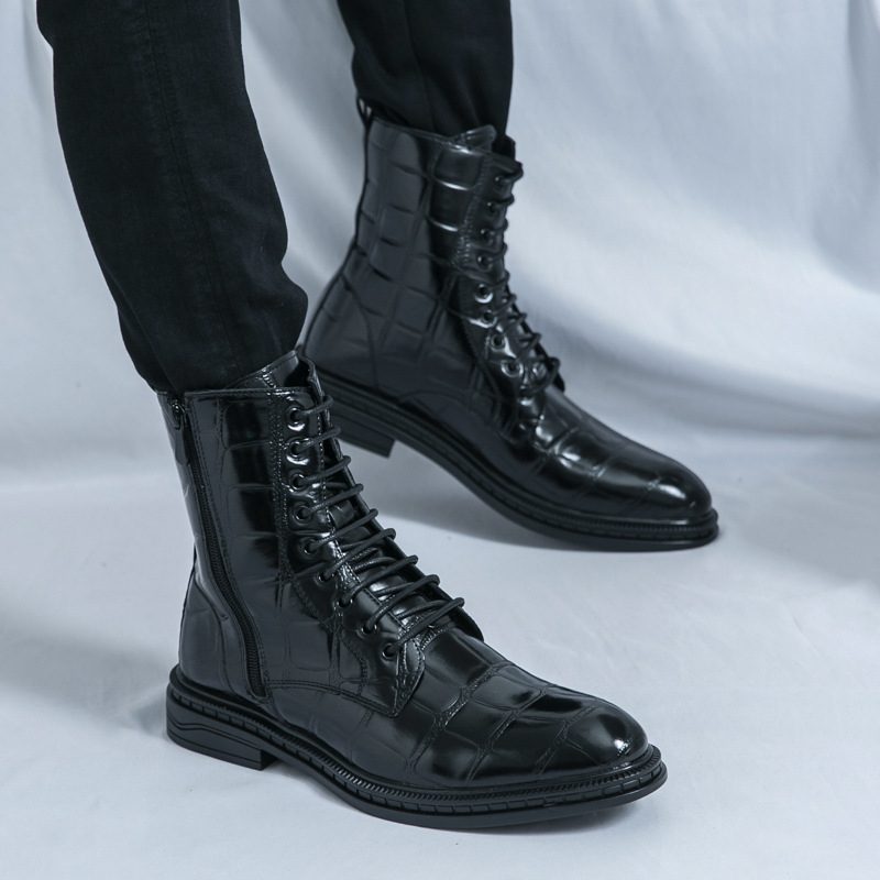 Ανδρικά Υψηλοκάβαλα Δερμάτινα Μποτάκια με PU Άνω Μέρος, Καουτσούκ Σόλα, Μυτερό Άκρο, Με Κορδόνια
