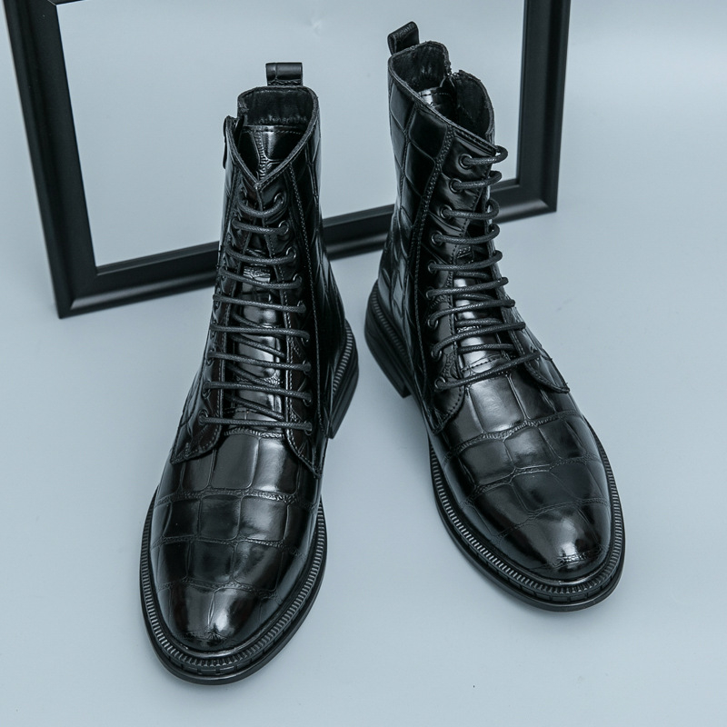 Ανδρικά Υψηλοκάβαλα Δερμάτινα Μποτάκια με PU Άνω Μέρος, Καουτσούκ Σόλα, Μυτερό Άκρο, Με Κορδόνια