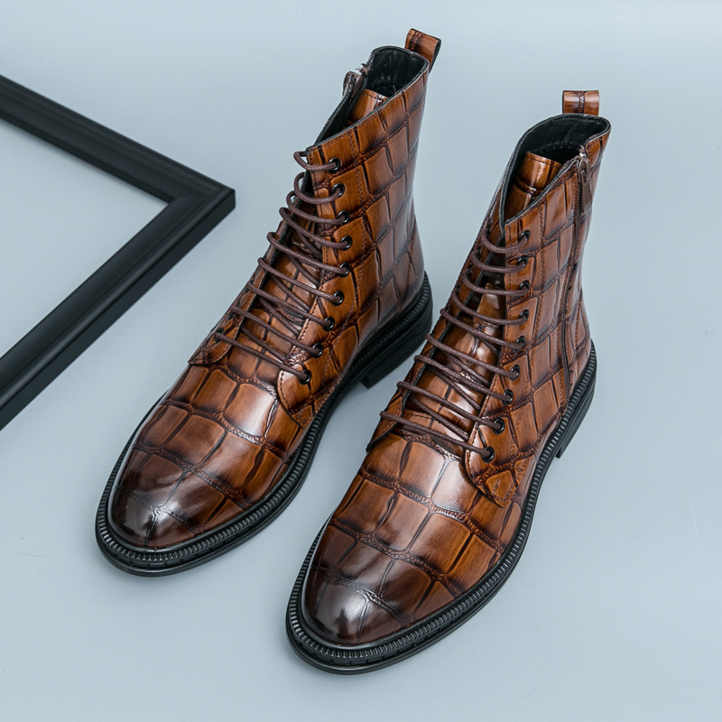 Ανδρικά Υψηλοκάβαλα Δερμάτινα Μποτάκια με PU Άνω Μέρος, Καουτσούκ Σόλα, Μυτερό Άκρο, Με Κορδόνια