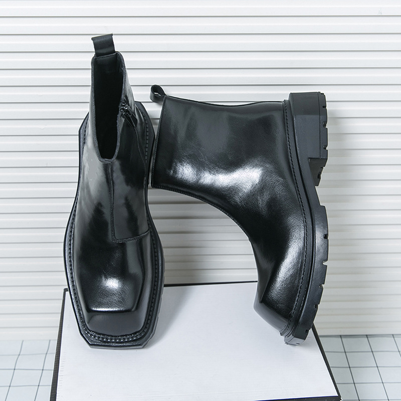 Ghete din piele pentru bărbați, vârf pătrat, partea superioară PU, talpă din cauciuc, fermoar lateral, toc mediu (3–5 cm)