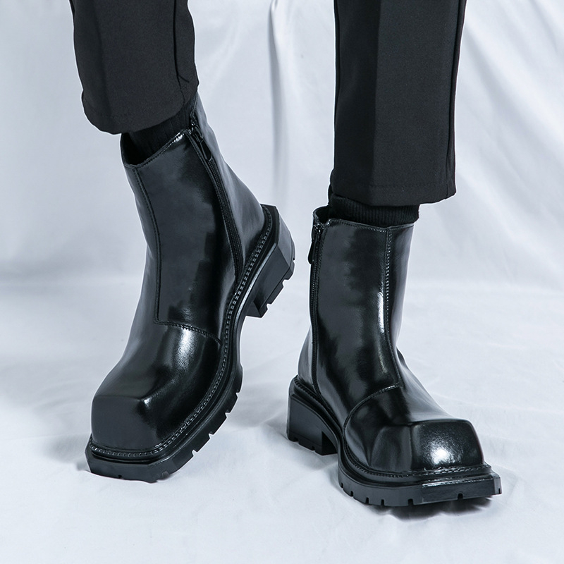 Ghete din piele pentru bărbați, vârf pătrat, partea superioară PU, talpă din cauciuc, fermoar lateral, toc mediu (3–5 cm)