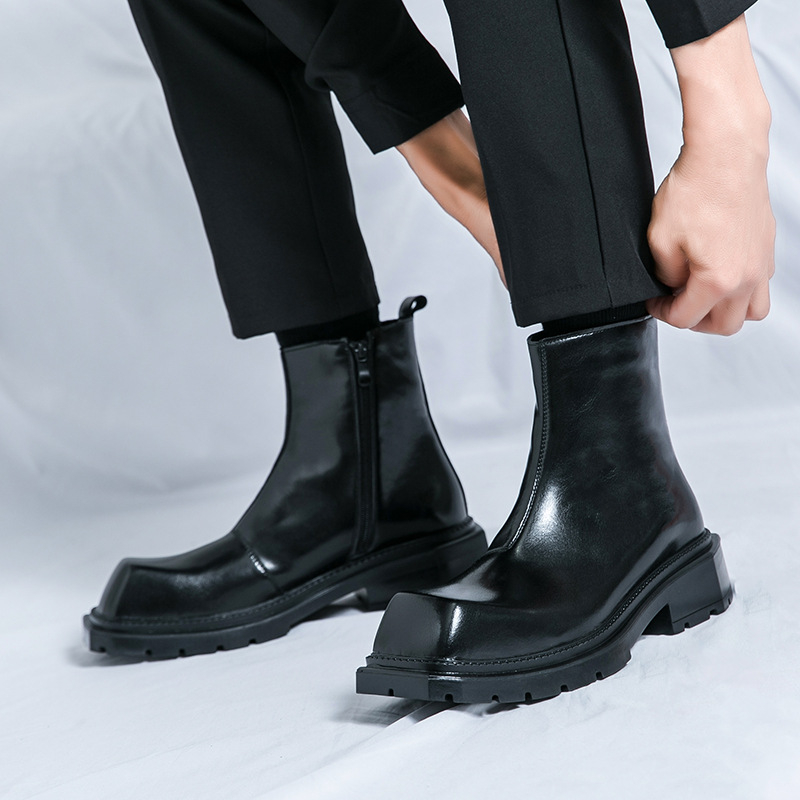 Ghete din piele pentru bărbați, vârf pătrat, partea superioară PU, talpă din cauciuc, fermoar lateral, toc mediu (3–5 cm)