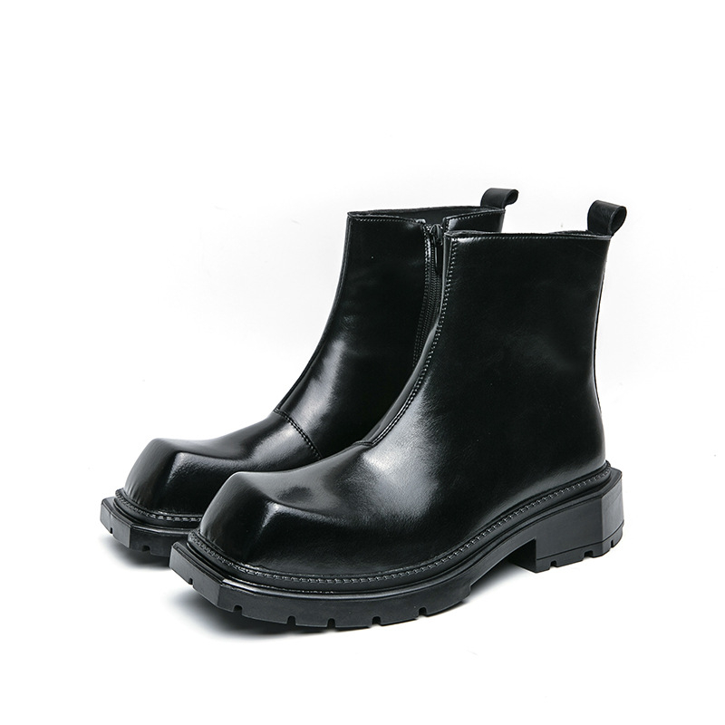 Ghete din piele pentru bărbați, vârf pătrat, partea superioară PU, talpă din cauciuc, fermoar lateral, toc mediu (3–5 cm)