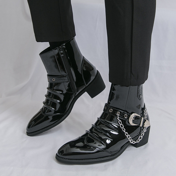 Ανδρικά PU δερμάτινα μποτάκια με αιχμηρό δάχτυλο, μεσαίο ύψος τακουνιού 3–5 cm, πλευρικός φερμουάρ, στυλ Martin