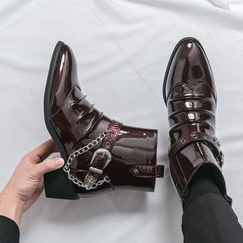 Ανδρικά PU δερμάτινα μποτάκια με αιχμηρό δάχτυλο, μεσαίο ύψος τακουνιού 3–5 cm, πλευρικός φερμουάρ, στυλ Martin