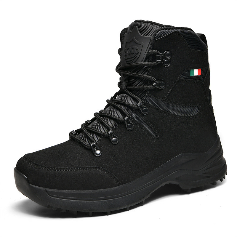 Ανδρικά τακτικά μποτάκια εκπαίδευσης για υπαίθριες δραστηριότητες – ψηλός άξονας, αντιστατικά, PU πάτος, σόλα τσιμέντου, επάνω μέρος: σουέντ αγελάδας + Oxford ύφασμα