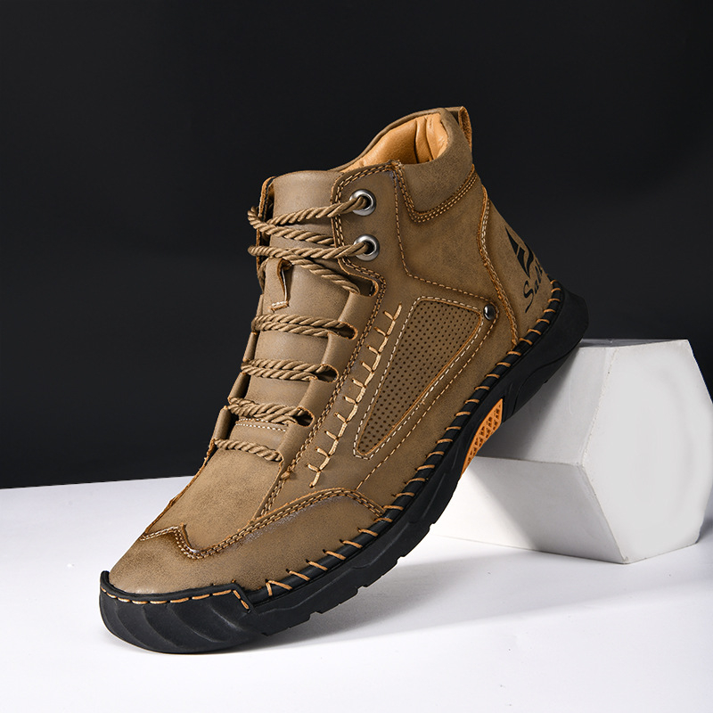 Ανδρικά μποτάκια Martin, μεσαίου ύψους, επάνω μέρος από δέρμα αγελάδας (split), PU πάτος, σόλα καουτσούκ, κορδωτά εμπρός