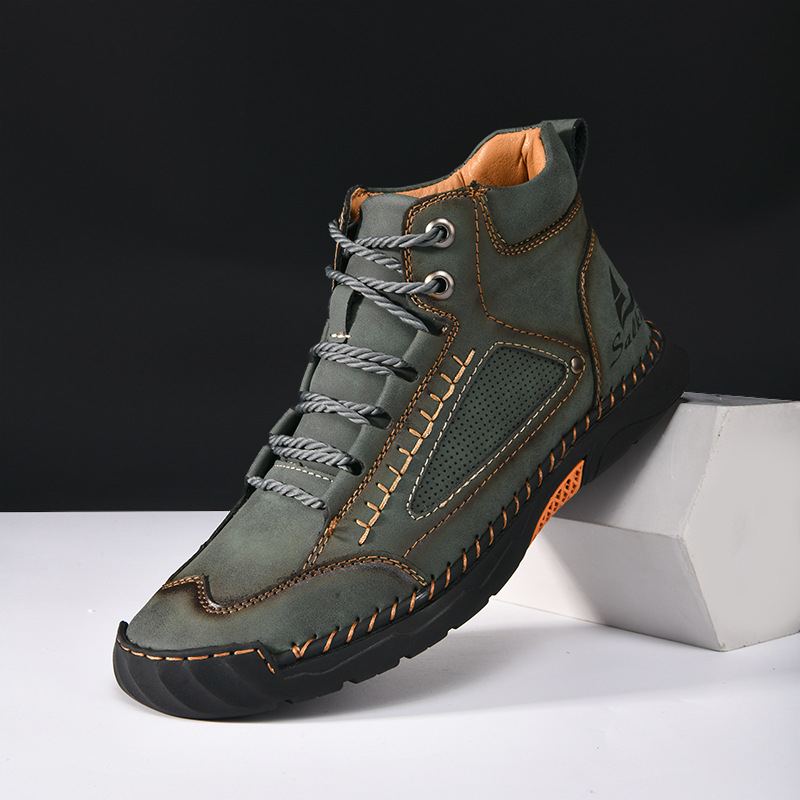 Ανδρικά μποτάκια Martin, μεσαίου ύψους, επάνω μέρος από δέρμα αγελάδας (split), PU πάτος, σόλα καουτσούκ, κορδωτά εμπρός