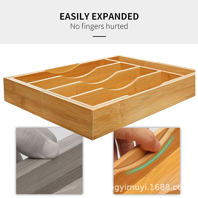 Koka ēdiena piederumu uzglabāšanas trauks, kvadrāta forma, nodalījumi nazam, dakšai un karotei, moderns minimālisma stils