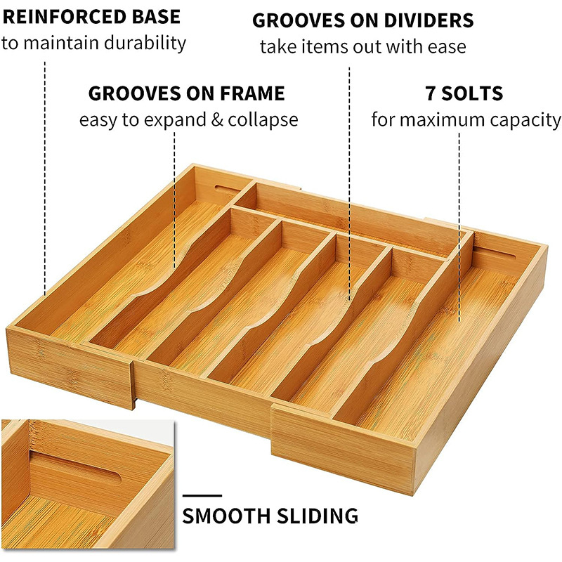 Koka ēdiena piederumu uzglabāšanas trauks, kvadrāta forma, nodalījumi nazam, dakšai un karotei, moderns minimālisma stils