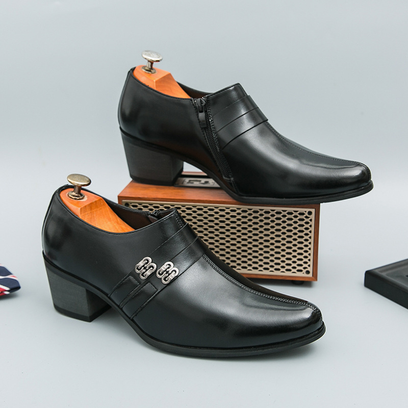 Ανδρικά Δερμάτινα Παπούτσια για Επιχειρηματικό Στυλ με Αύξηση Ύψους, Με Μυτερή Μύτη, Με Φερμουάρ, Σόλα Καουτσούκ