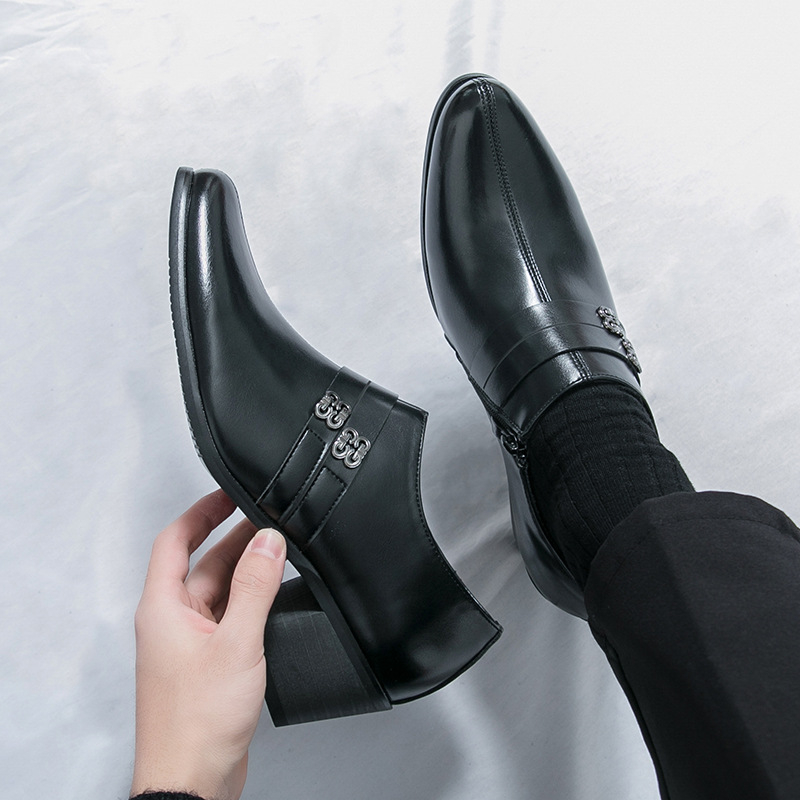 Ανδρικά Δερμάτινα Παπούτσια για Επιχειρηματικό Στυλ με Αύξηση Ύψους, Με Μυτερή Μύτη, Με Φερμουάρ, Σόλα Καουτσούκ