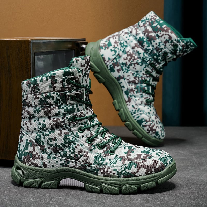 Martin csizmák férfiaknak, textil felsőrész, kerek orr, középmagas sarka 3-5 cm, középső szármagasság, elöl fűzés