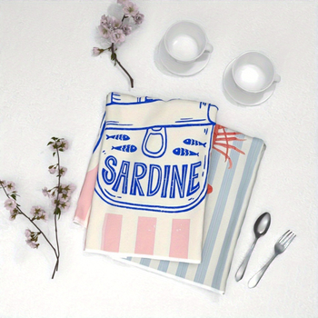 Du vaizdu virtuvinių rankšluosčių komplektas su omaro ir sardinės raštu, šiuolaikinis karikatūrų dizainas, ultra pluoštas, vandens sugėrimas