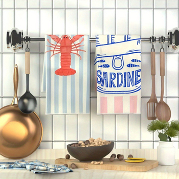 Du vaizdu virtuvinių rankšluosčių komplektas su omaro ir sardinės raštu, šiuolaikinis karikatūrų dizainas, ultra pluoštas, vandens sugėrimas
