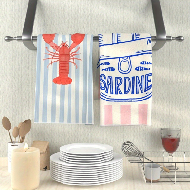 Du vaizdu virtuvinių rankšluosčių komplektas su omaro ir sardinės raštu, šiuolaikinis karikatūrų dizainas, ultra pluoštas, vandens sugėrimas