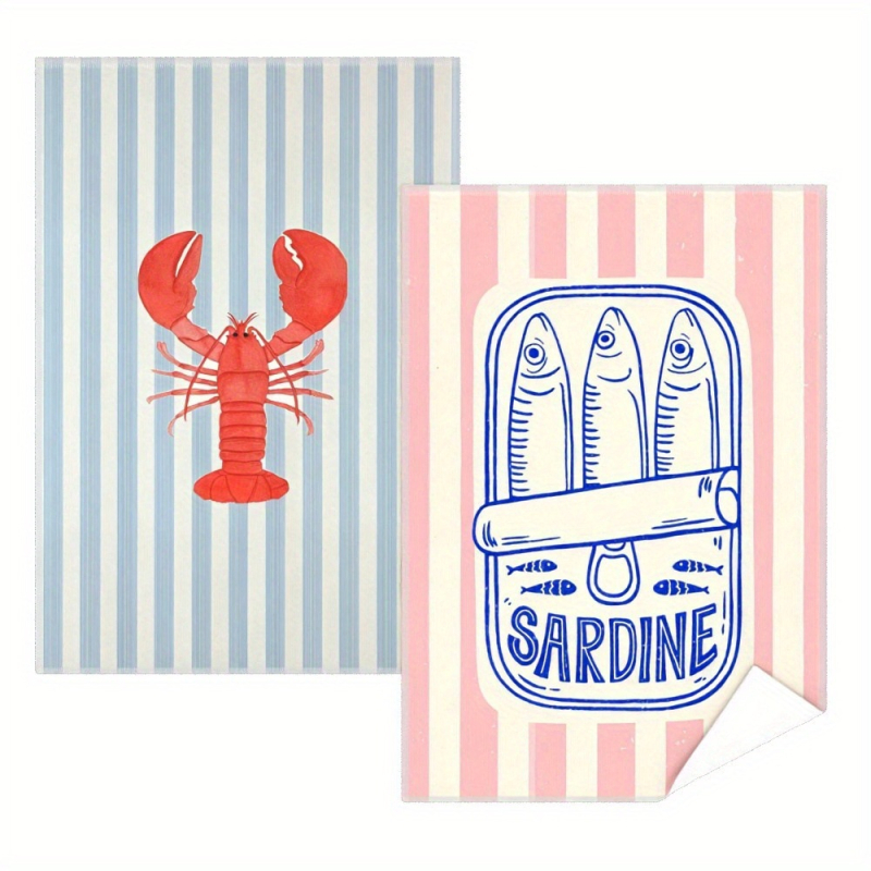 Du vaizdu virtuvinių rankšluosčių komplektas su omaro ir sardinės raštu, šiuolaikinis karikatūrų dizainas, ultra pluoštas, vandens sugėrimas