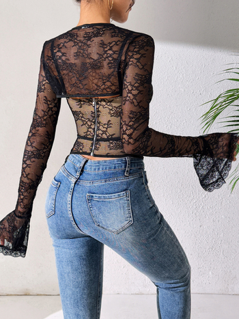 Két részes csipkés fehérnemű-szett – szexi hálós, átlátszó, rövid fazon (Szűk szabás; Minta: Tört virágok; Fő anyag: 90–95% poliészter)