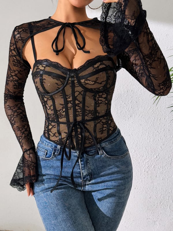 Két részes csipkés fehérnemű-szett – szexi hálós, átlátszó, rövid fazon (Szűk szabás; Minta: Tört virágok; Fő anyag: 90–95% poliészter)