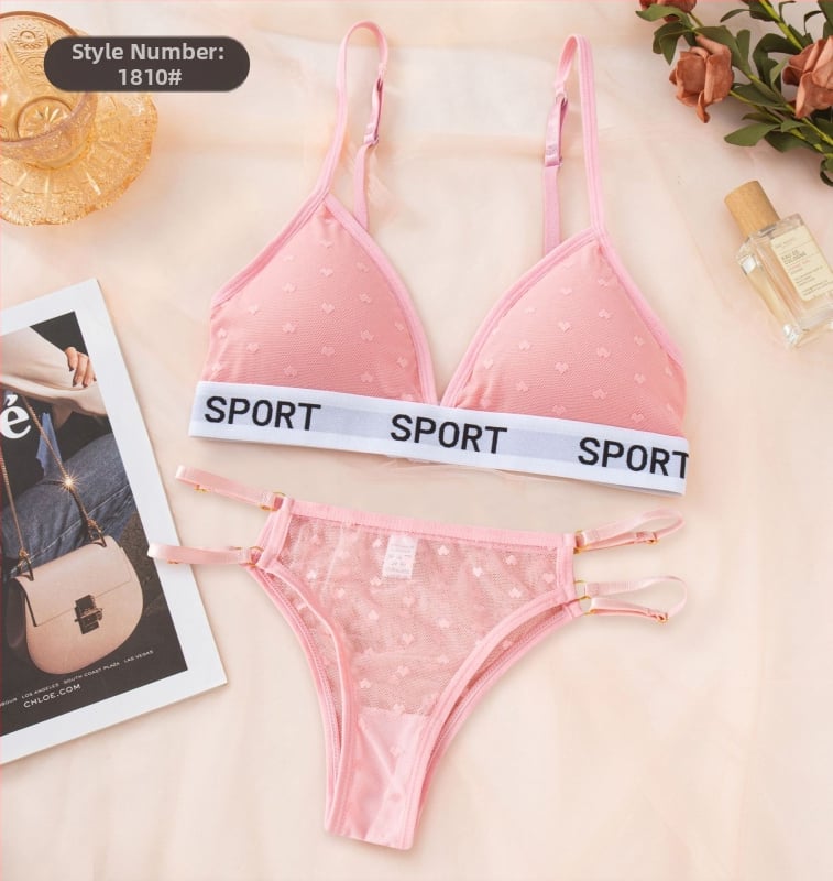 Mežģīņu bezvadu krūšturis komplekts ar trijstūra kausiem, push-up un savilkšanas efekts, elpojošas biksītes ar kokvilnas oderi