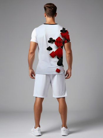 Ανδρική χαλαρή κοντομάνικη μπλούζα με στρογυλή λαιμόκοψη — 3D εκτύπωση Poker King, γεωμετρικό σχέδιο, ελαφρύ πολυεστερικό ύφασμα με δίχτυ, χαλαρή γραμμή, καλοκαίρι