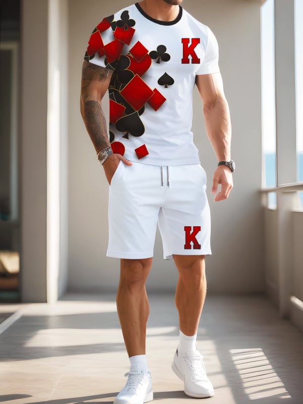 Мъжка тениска за спорт и свободно време с кръгла яка — 3D печат Poker King, геометричен принт, лека полиестерна мрежеста материя, свободен крой, къс ръкав, лято