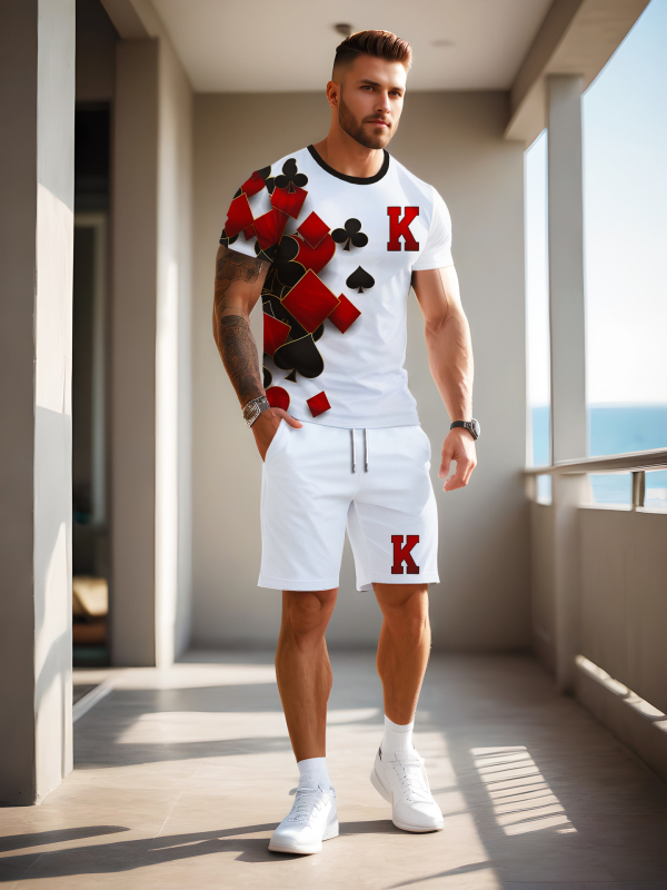 Мъжка тениска за спорт и свободно време с кръгла яка — 3D печат Poker King, геометричен принт, лека полиестерна мрежеста материя, свободен крой, къс ръкав, лято