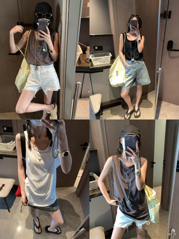 Ujjatlan mellény kerek nyakú, háromszög-hímzés, laza casual stílus, pamut-poliészter keverék, közepes hosszúságú