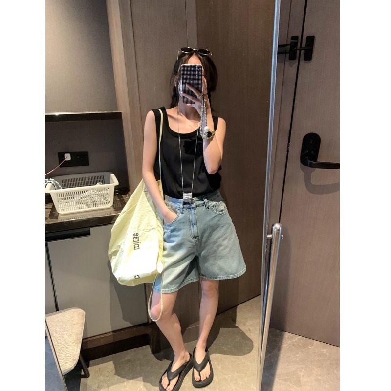 Ujjatlan mellény kerek nyakú, háromszög-hímzés, laza casual stílus, pamut-poliészter keverék, közepes hosszúságú